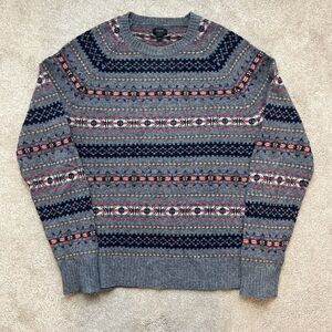 J Crew Sweater Mens Medium Gray Fair Isle Lambswool Crewneck Pullover Cabincore